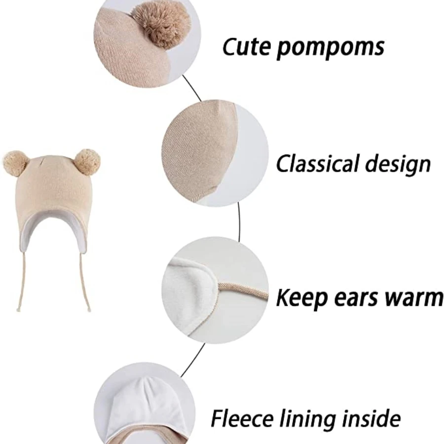 LANGZHEN لطيف بوم بوم بابيس الشتاء قبعة الرضع إيرفلاب متماسكة قبعة دافئة للبنين بنات طفل أطفال صوف مبطن قبعة صغيرة