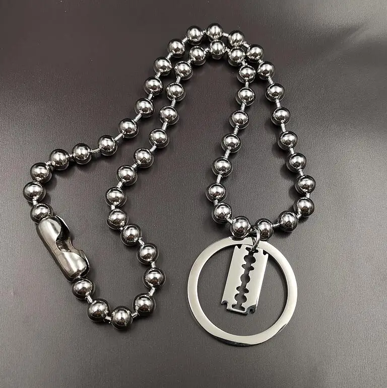 Punk Razor Blade Pendant Necklaces Circle Combination Stainless Steel Hip Hop Necklace for Men Women Ball Chain 18-28inch