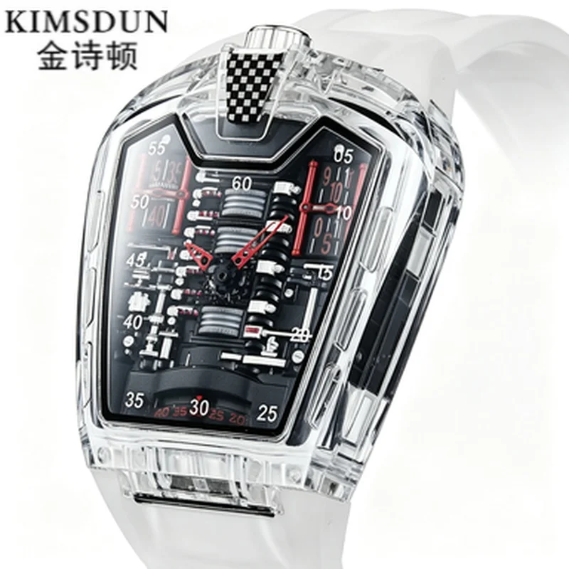 Trendy Men Unisex Wristwatch Transparent Crystal Resin Case Hollow Skeleton Sports Daily Wear Watch