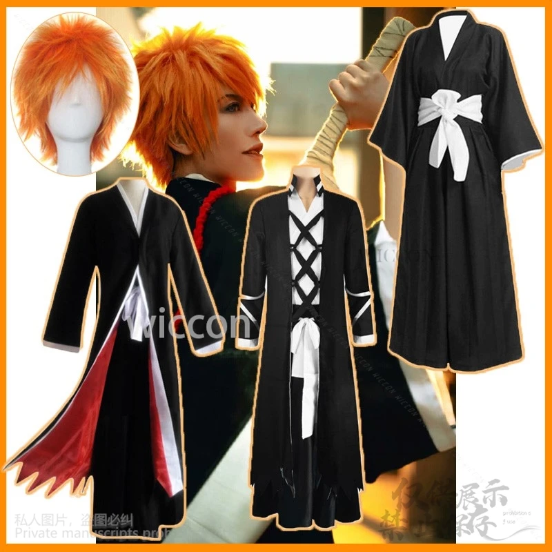 Kurosaki Ichigo Anime Cosplay Costume Japanese Kimono Black Uniform Thousand-Year Blood War Orange Wig Mask Man Halloween Party