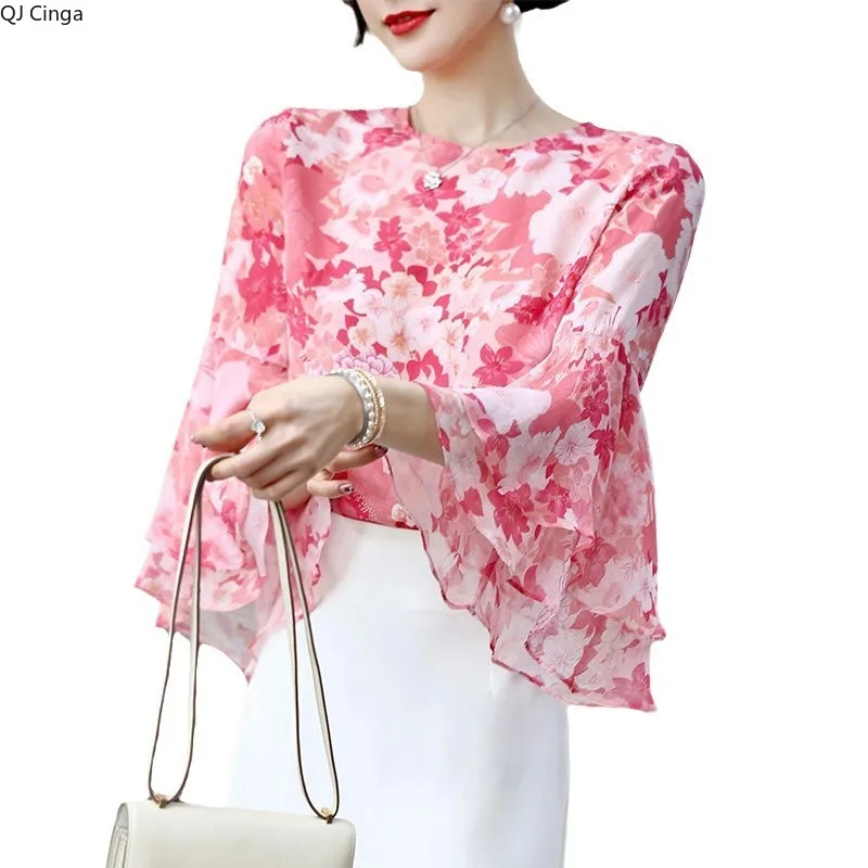 

Women's Pink Red Printed Shirts, Three-quarter-length Ruffled Sleeve Round Neck Pullover, Loose-fitting Top in Asian Size M-XXXL