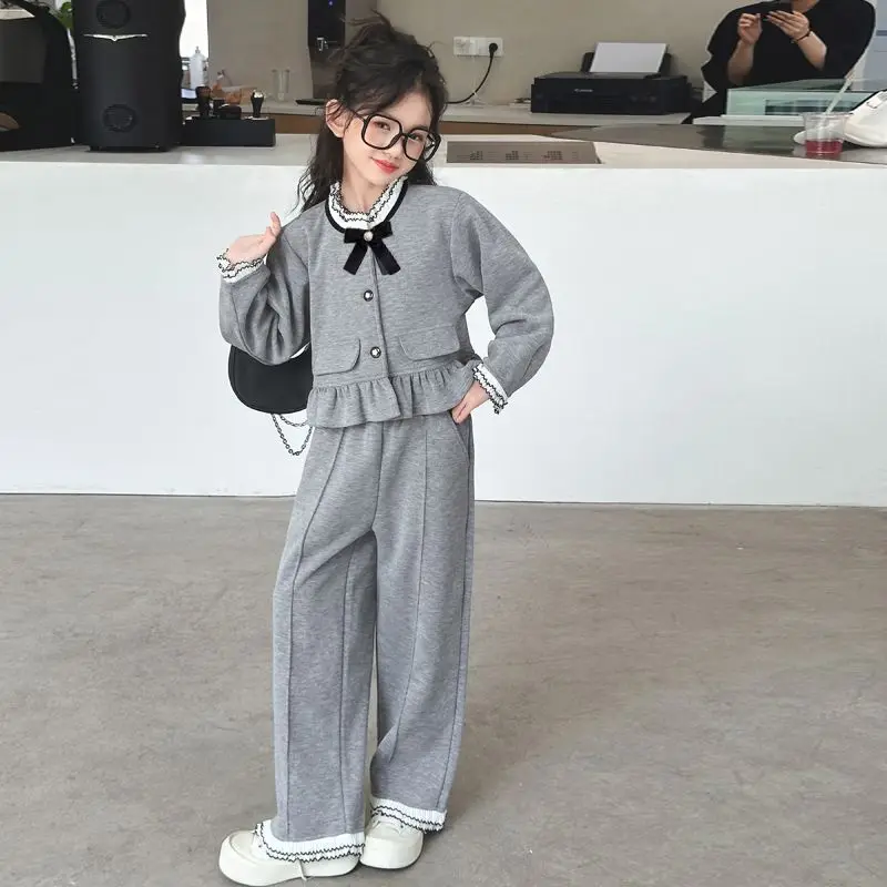 2026 autumn winter girls Children set long sleeve grey Teens lace crop top cardigan + wide leg pants tracksuit 4 8 10 12 14 year