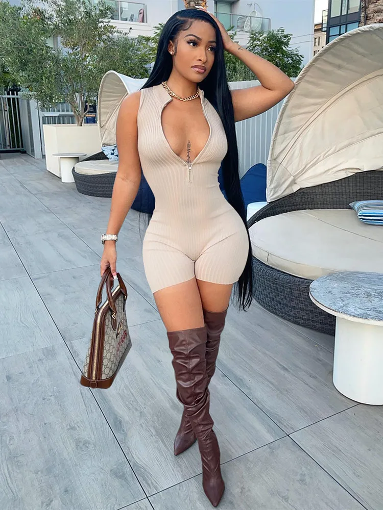 

hirigin Sexy Sporty Zipper Sleeveless Rompers Playsuits Ribbed Knitted All In One Jumpsuit Women Shorts Summer Clothes 2022