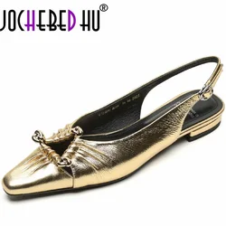 【JOCHEBED HU】Summer New Brand Women Genuine Leather Buckle Slip On Ladies Elegant Mules Shoe Soft Heel Outdoor Dress Slid 33-40