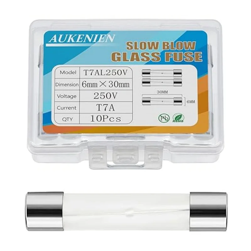AUKENIEN T 7A 250V Slow Blow Glass Fuses T7AL T7AL250V 6x30 MM 7 Amp 250 Volt Cartridge Tube Time Delay Fuse (Pack of 10)