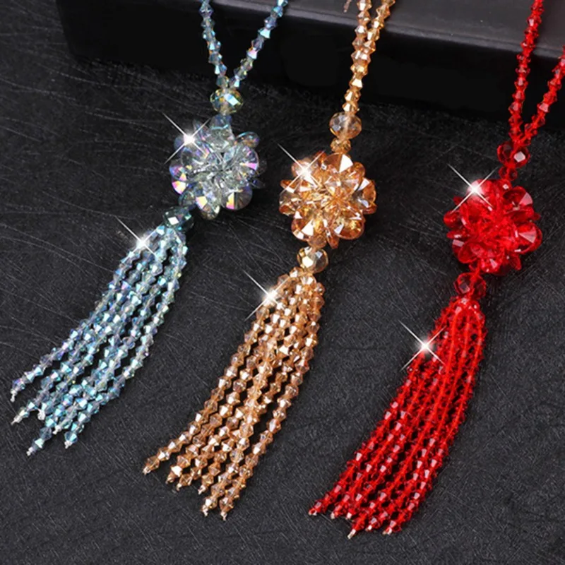 Korean Crystal Bead Long Necklace Women Autumn Winter Joker Sweater Chain Fashion 2024 Kpop Tassel Pendant Neck Decoration