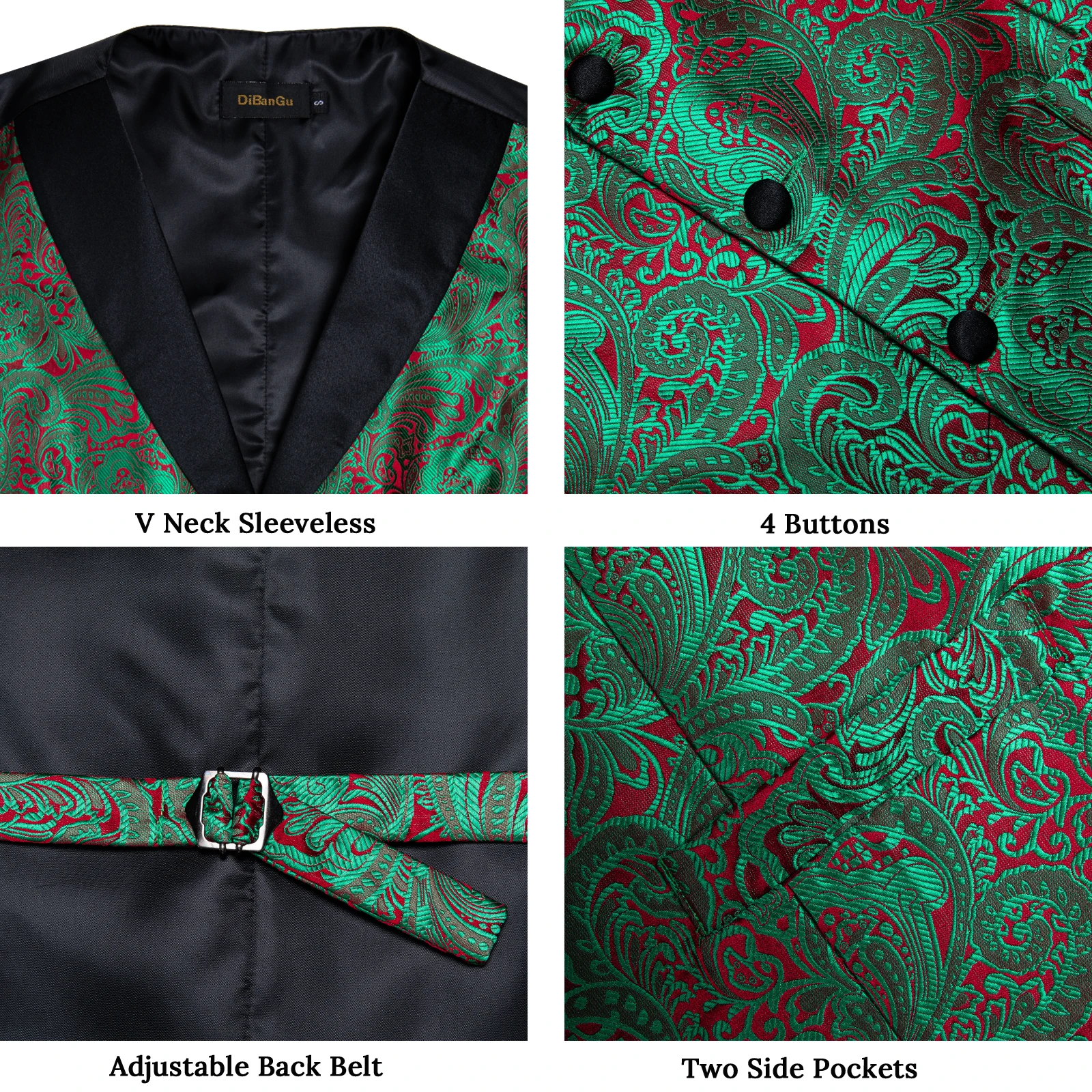 Unique Design Green Red Paisley Vest for Man Business Fashion Slim Fit Dress Men\'s Waistcoat Necktie Brooch Clip Cufflinks Set