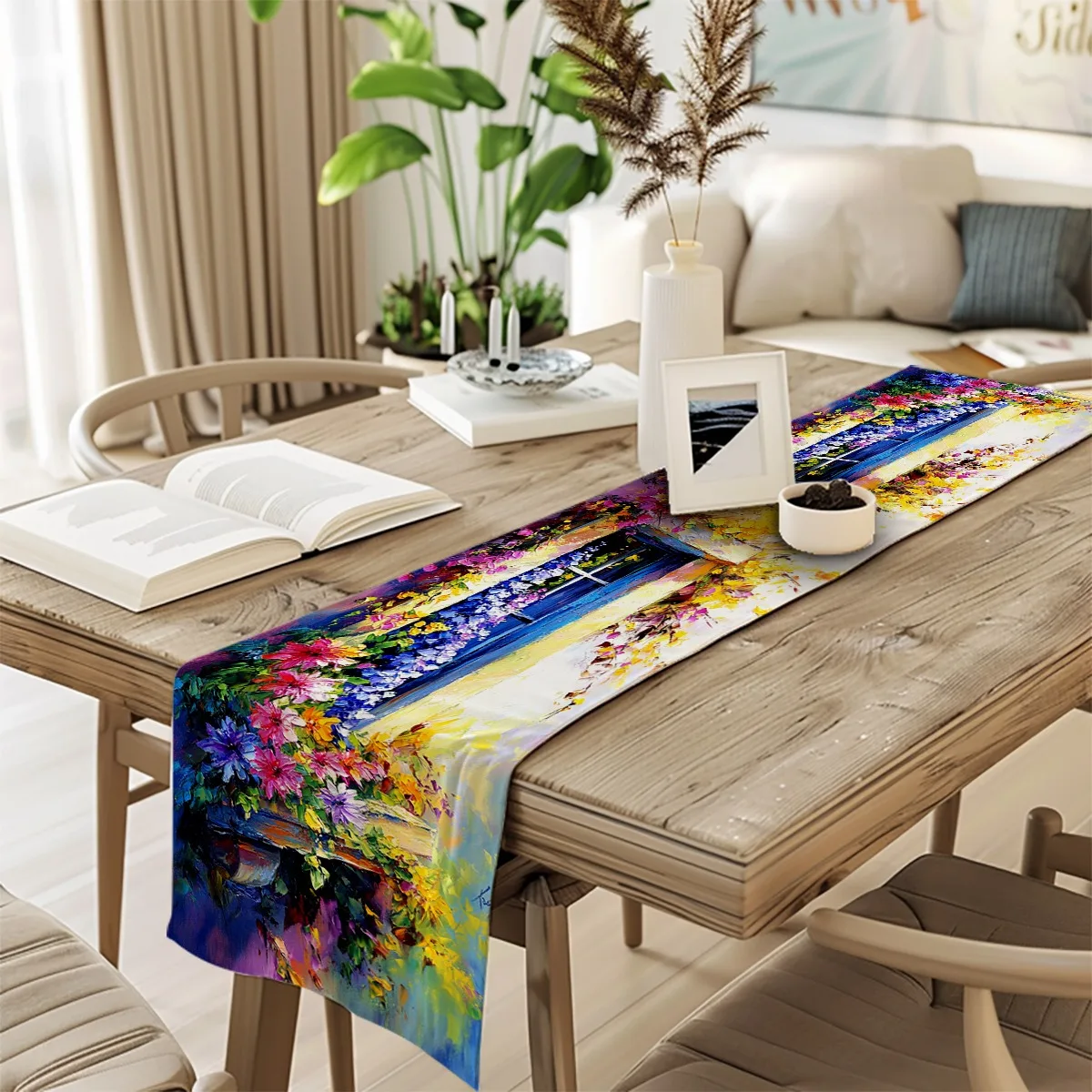 print table runner Floral Window Box Impressionist Style Tablecloth for Seasonal Celebrations Both Indoor And Outdoor Dining Set