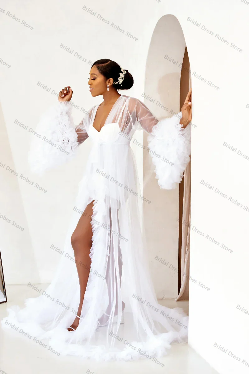 White 2 Pieces Women Maternity Dresses for Photo Shoot Bridal Full Sleeves Tiered Tulle Robe Wedding Prom Dress Customized image 4
