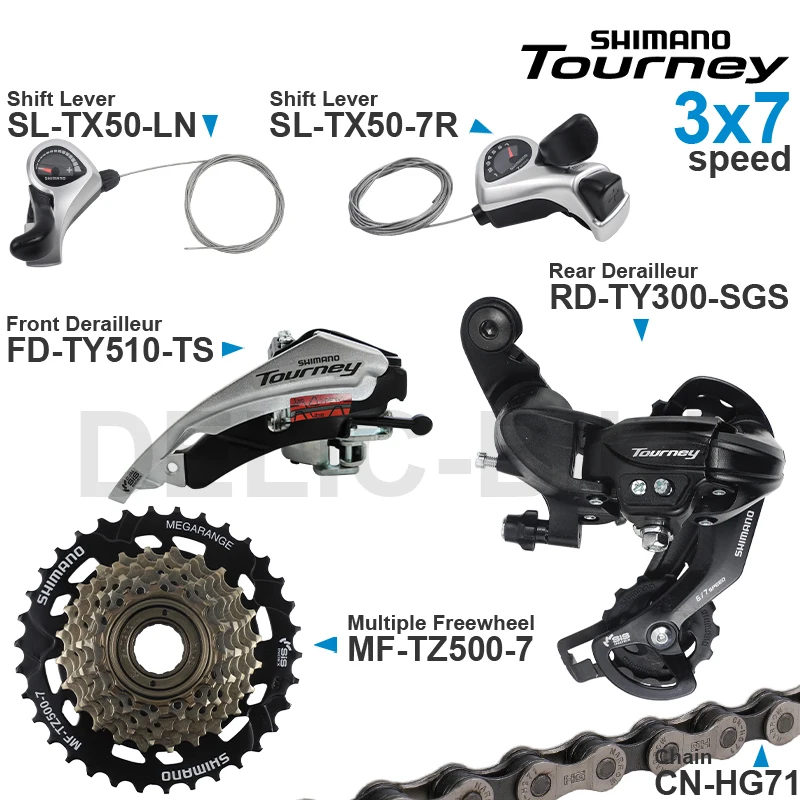 

SHIMANO TOURNEY 3x6 3x7 Speed Groupset include SL-TX50 Shifter RD-TY300 Rear Derailleur MF-TZ500 Cassette Sprocket CN-HG71 Chain