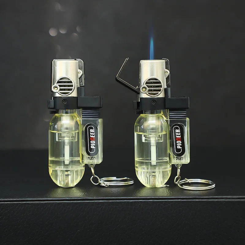 Outdoor Keychain Pendant Transparent Gas Window Windproof Jet Blue Flame Butane Gas Lighter Safety Lock Fire Switch Mini Lighter
