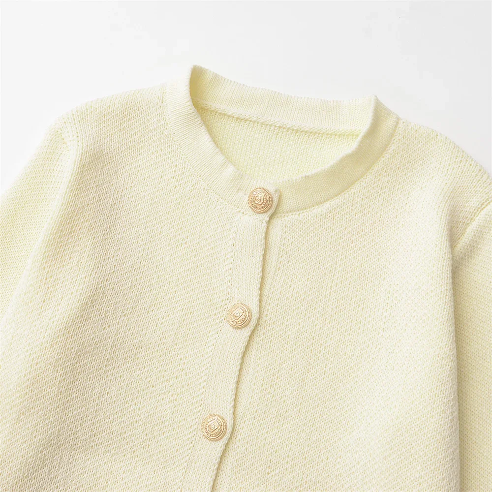 LIBIELIY 2025 Letnia Nowa Damska Europejska i Amerykańska Prosta Okrągła Dekolt Długi Rękaw Złoty Rozpinany Płaszcz Dzianinowy