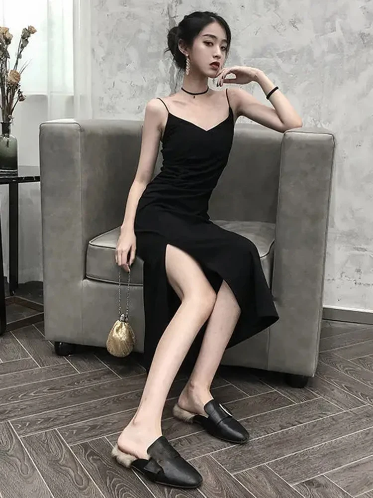 2025 mode zomer vrouwen jurk vestidos de mujer effen geplooide split jurken vrouwen hoge taille temperament sling sexy gewaad femme