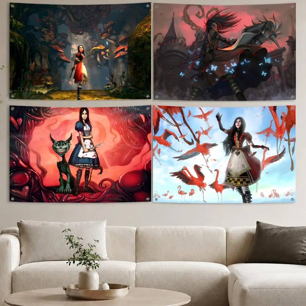Alice M-Madness R-Returns Flags Aesthetic Wall Tapestry Printed Wall Hanging Living Room Party Outdoor Decor