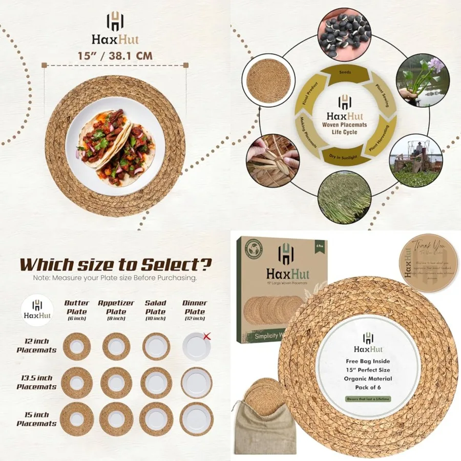 

Round Woven Placemats Set of 6, Wicker Placemats for Dinner Plates 15 Inch Natural Rattan Boho Style Braided Place Mats, Non-Sl
