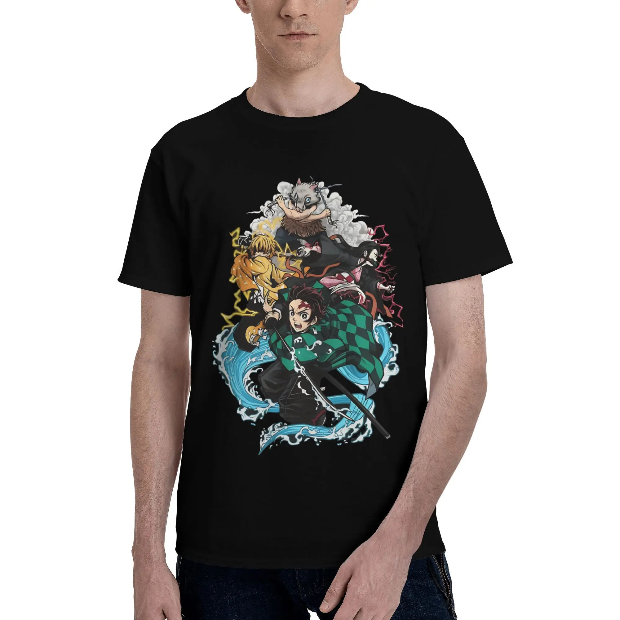 Tanjiro kamado whit team  Funny Graphic 100% Cotton T-Shirt Bandai Demon Slayer Tees Tops For Men