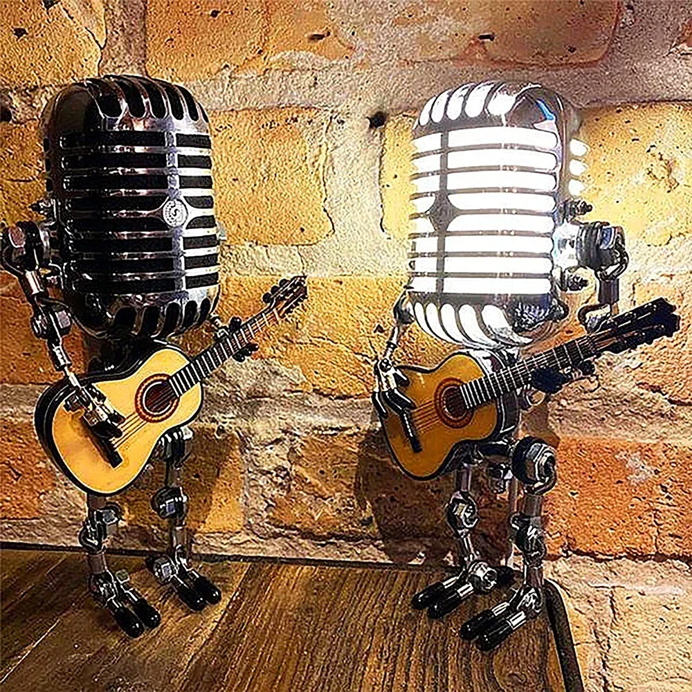 Desktop Lamp Night Light Vintage Metal Microphone Robot Lamp Usb Charging Ornament Home Figurines