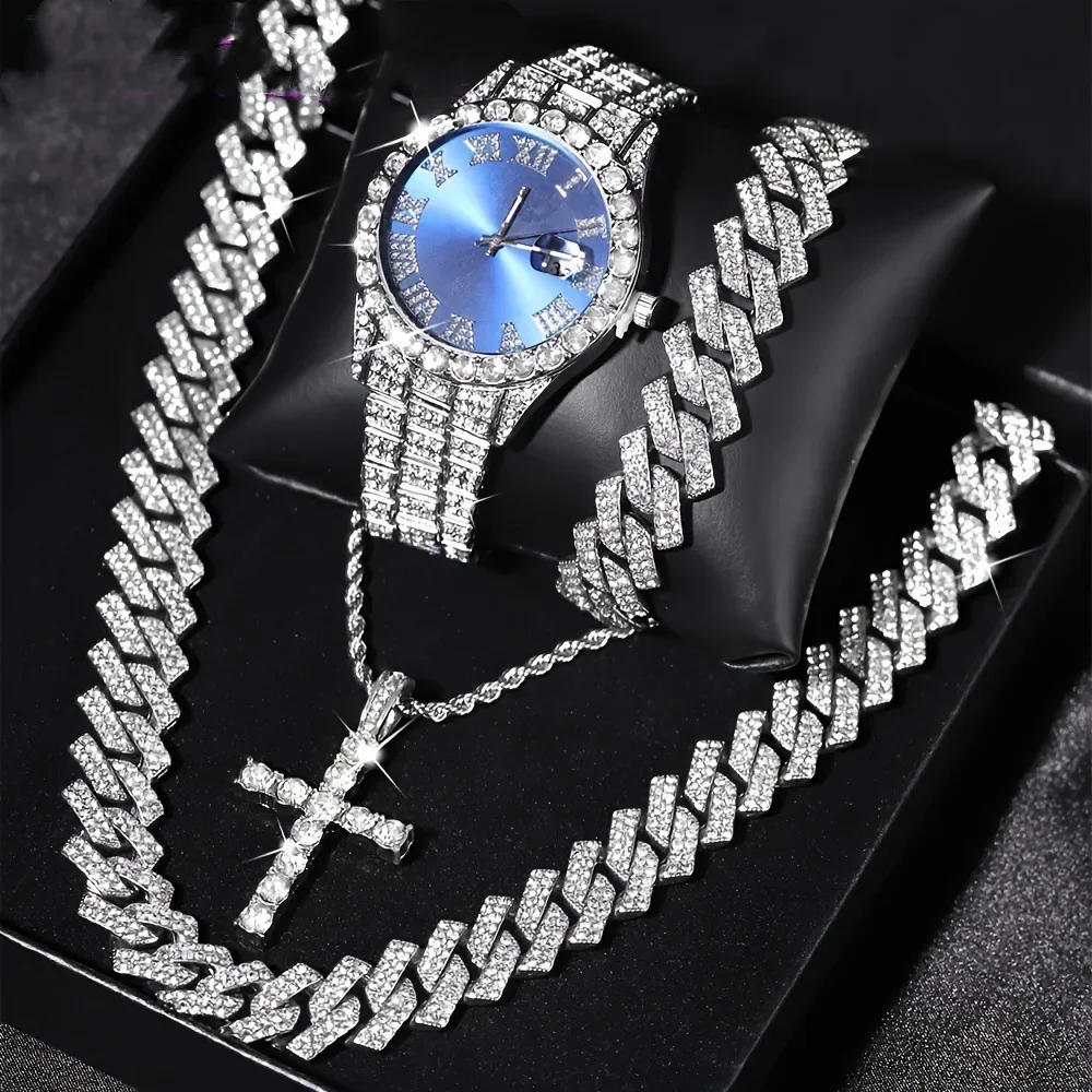 Men's Bling Jewelry Set: Iced Out Watch + Cuban Link Chain + Cross Pendant Necklace + Bracelet, 4Pcs Hip Hop Set