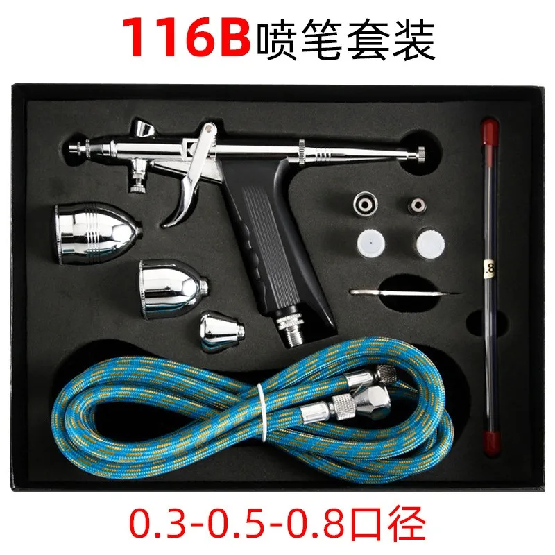 Three different nozzle sizes of airbrush guns: 116B airbrush pen, blush airbrush, airbrush for toys and leather craft repair.