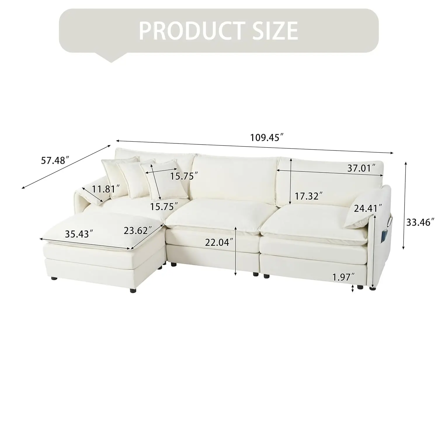 Modular Sectional Sofa, 110 Inch L Shaped Living Room Couch, 4-Seater Chenille with Movable Ottoman, DIY Combination, Customized