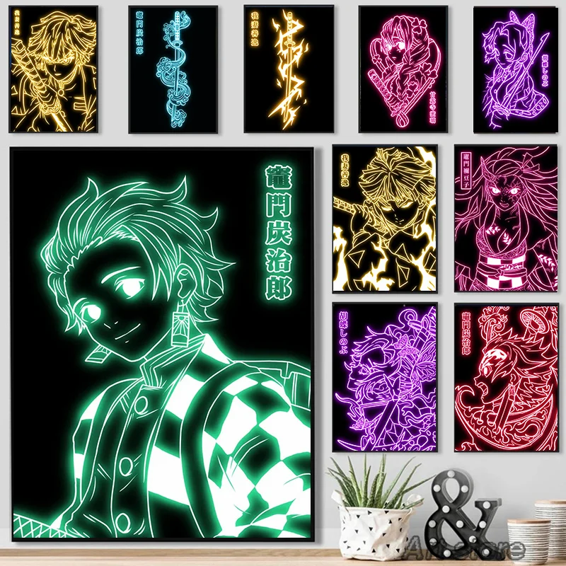 Neon Effect Japan Anime Demon Slayer Canvas Painting Tanjiro Nezuko Character Posters Wall Art Print Pictures for Room Decor