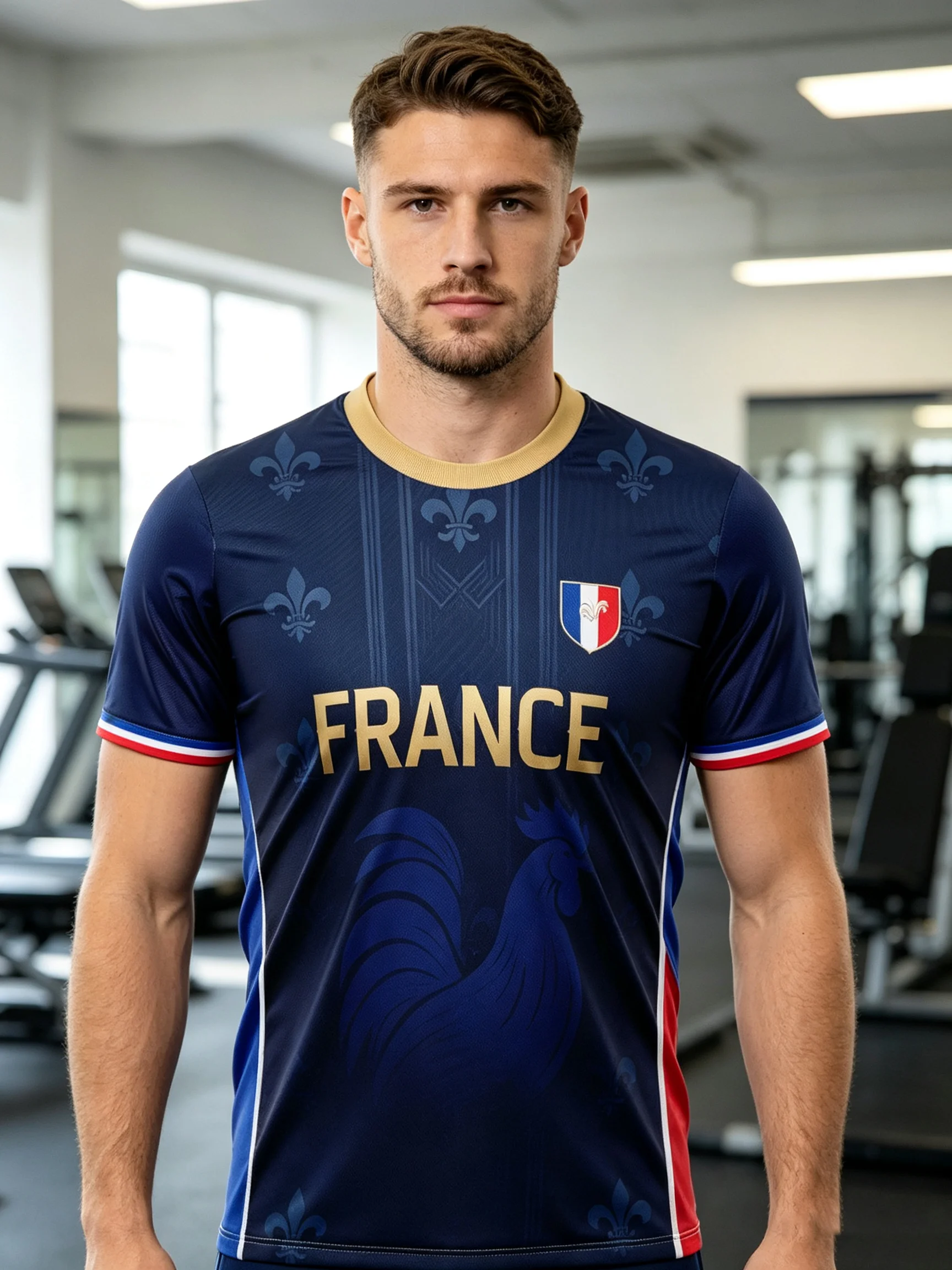 France fan soccer jersey, all‑over fleur‑de‑lis print, tricolor side stripe, comfy loose cut, six collar options