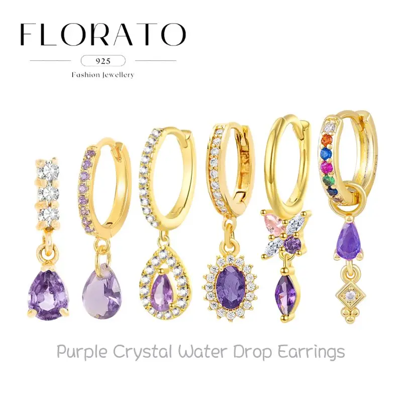 

925 Silver Needle Purple Water Drop Zircon Pendant Hoop Earrings For Women Luxury amethyst Earrings Fashion Party Jewelry Gifts