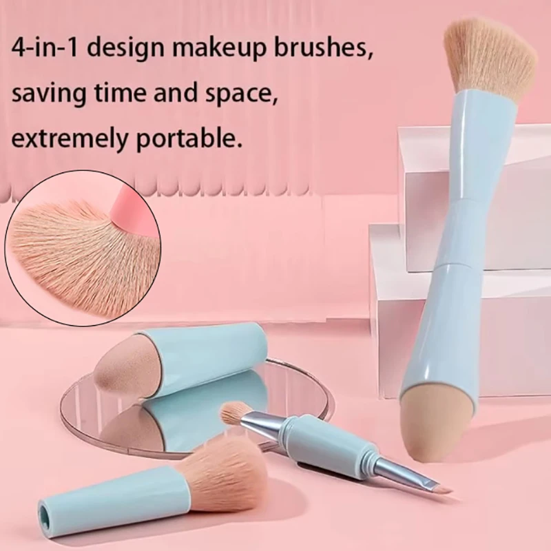 1Set Multitasker 4-in-1 Makeup Brushes Portable Travel Face Highlight Eye Shadow Powder Blusher Brush Detachable Beauty Tools