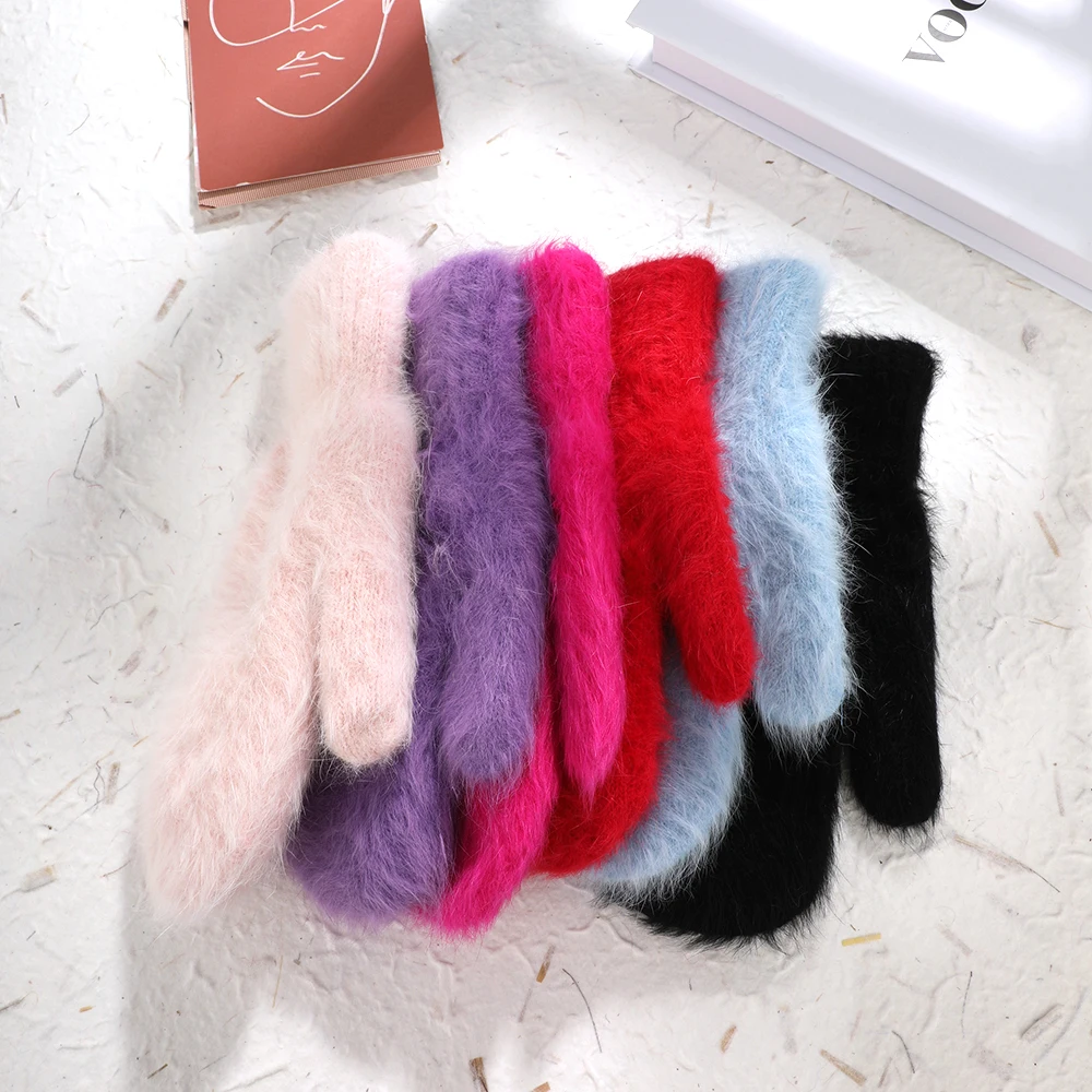 2023 Winter Warm Rabbit Fur Gloves Female Mittens Outdoor Thicken wool Fingerless Gloves winter Gloves For Women Girls Gifts