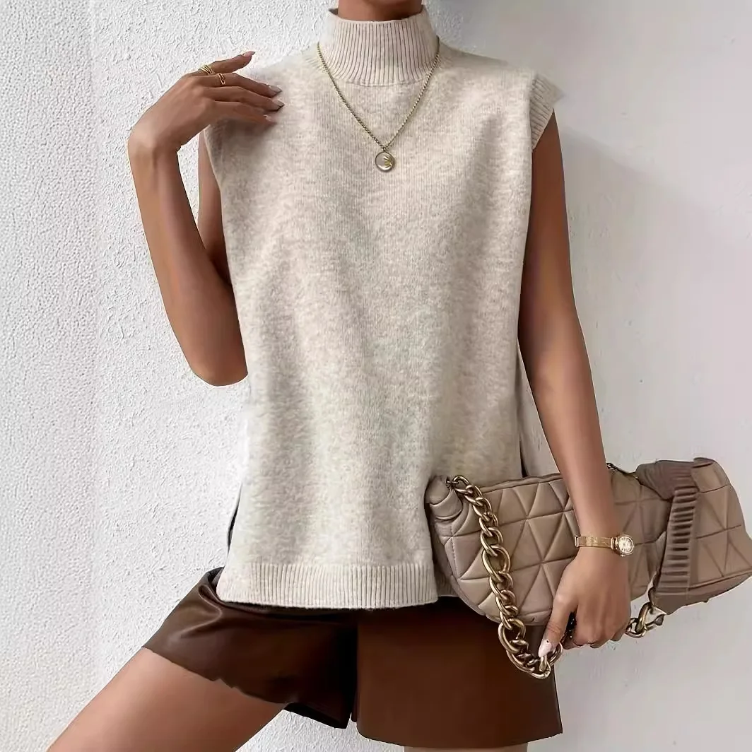 

2024 New Style Wearing Sleeveless Half High Neck Design Feeling Lazy With Casual Knitted Pullover Vest Top