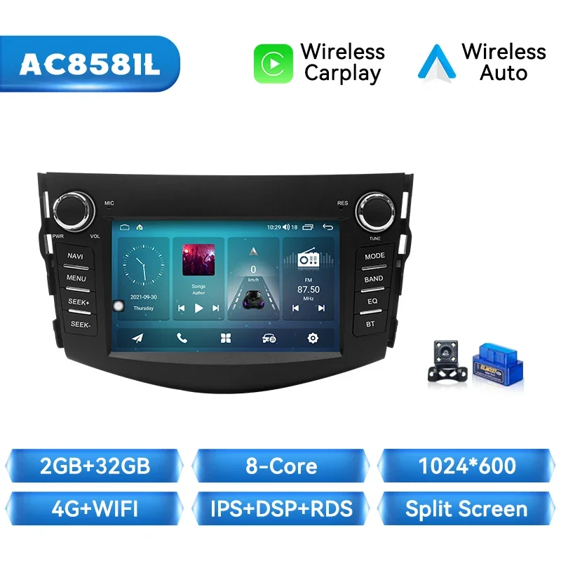 Ai Voice Draadloze Carplay Autoradio Speler Voor Rav4 2006 2007 2008 2009 2010 2011 2012 Android 14 Autoradio 8 + 128Gb Stereo Audio