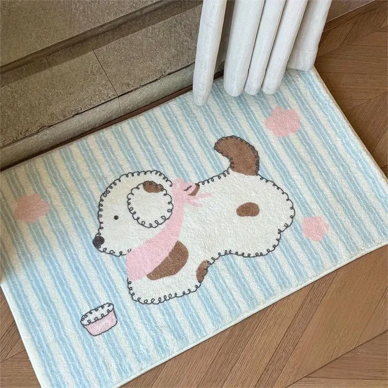 VIKAMA Patchwork Puppy Doormat Blue Stripe Dog Pink Cloud Welcome Mat Non Slip Soft Flannel Floor Rug for Front Door Entryway