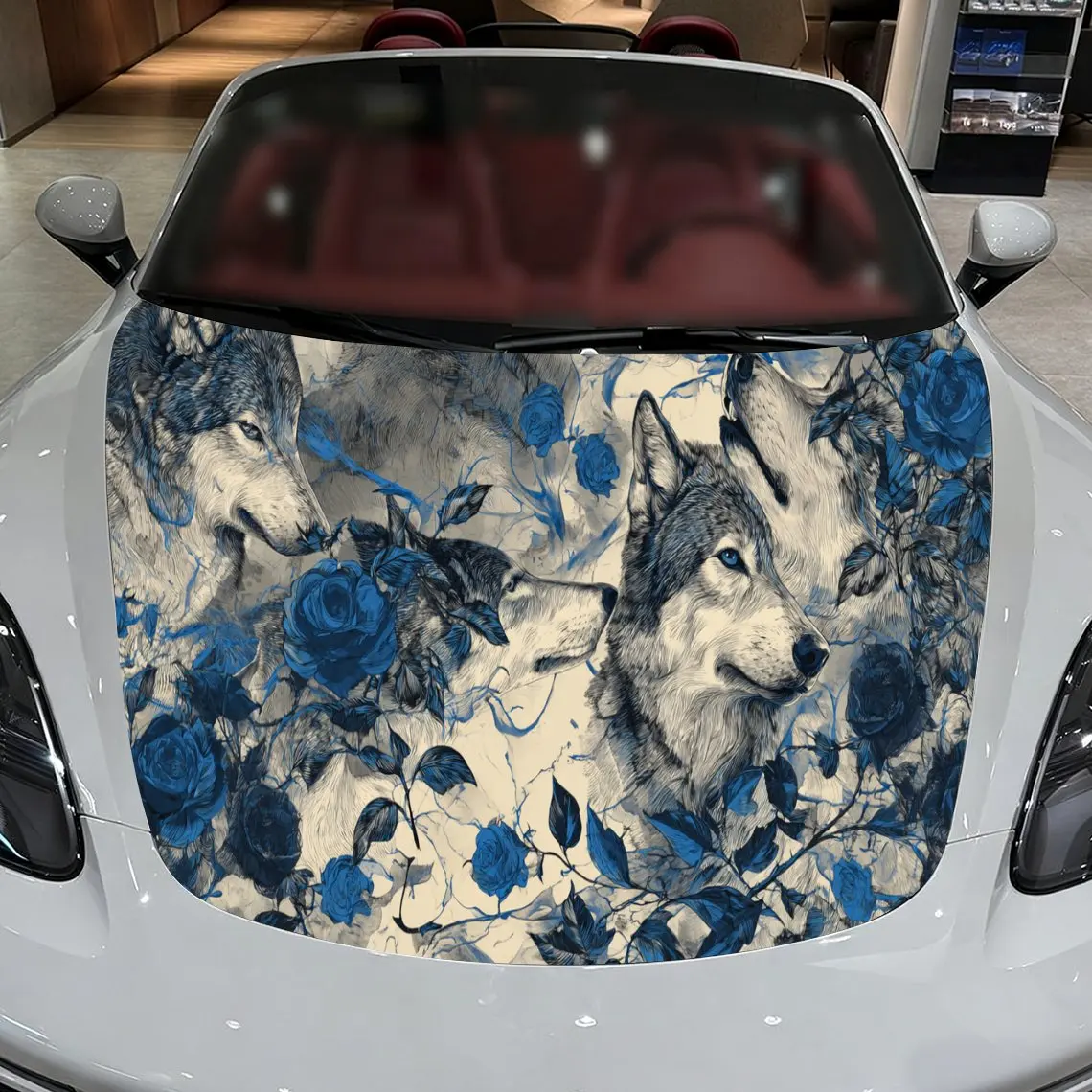 Car Decal Multi-Element Fusion of Wolf, Blue Roses & Retro Textures in Gothic Style Car Hood Sticker, Waterproof Self - Adhesive