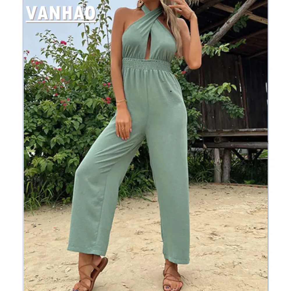 

VANHAO Summer Clothes Hollow Out Sexy Jumpsuit Women Backless Lace Up Wide Leg Pants Rompers Solid Color Wholesale Dropshipping