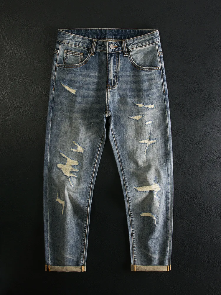 

Мужские джинсы со сломанными дырками, осенняя мода, маленькая прямая трубка, эластичные, классные и модные брюки высокого класса.