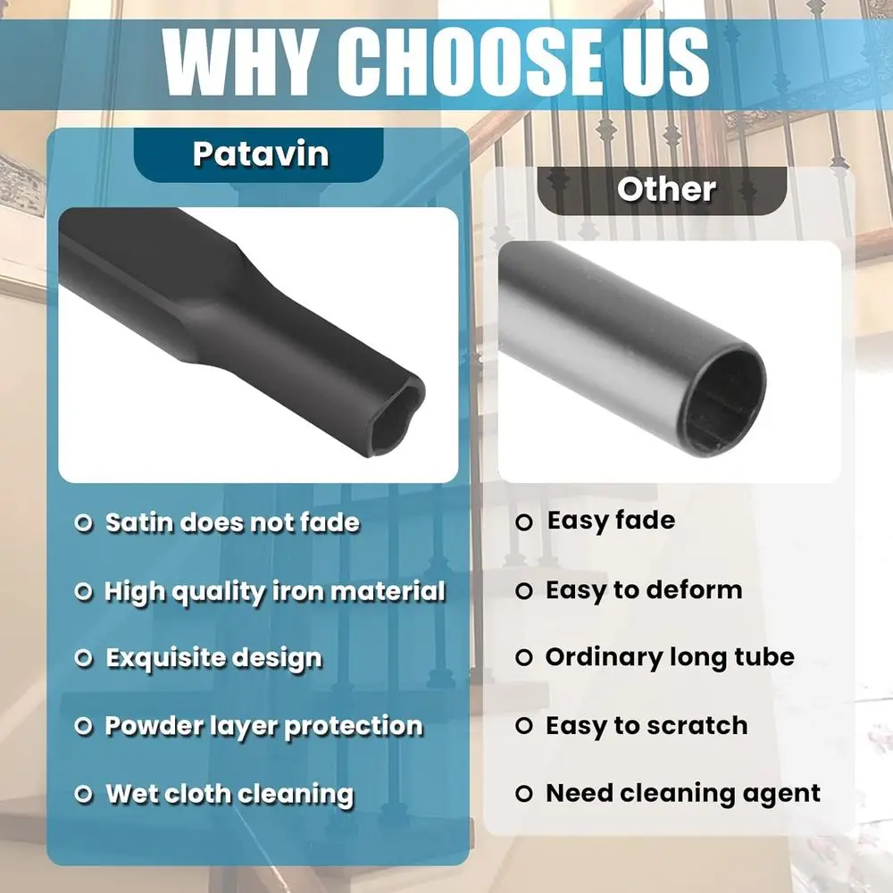 درابزينات مربعة من الحديد المجوف مقاس 1/2 بوصة - مغزل معدني عادي لدرج داخلي، أسود ساتان، 10 عبوات