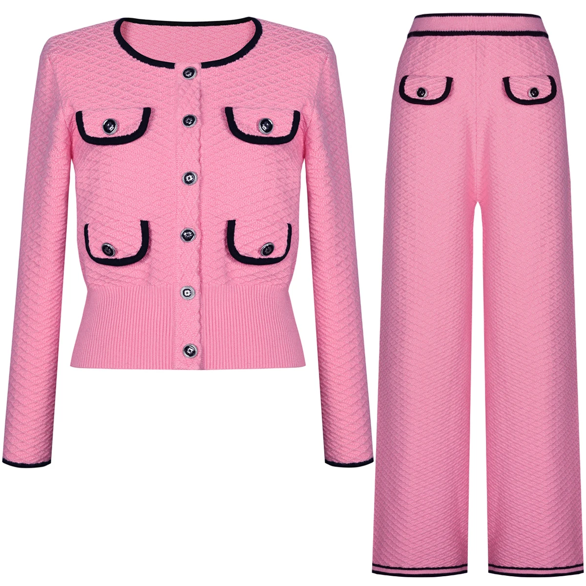 

High Quality And Fashionable New Knitted Color Blocked Round Neck Pocket Long Sleeved Cardigan Straight Leg Pants Women's Suit