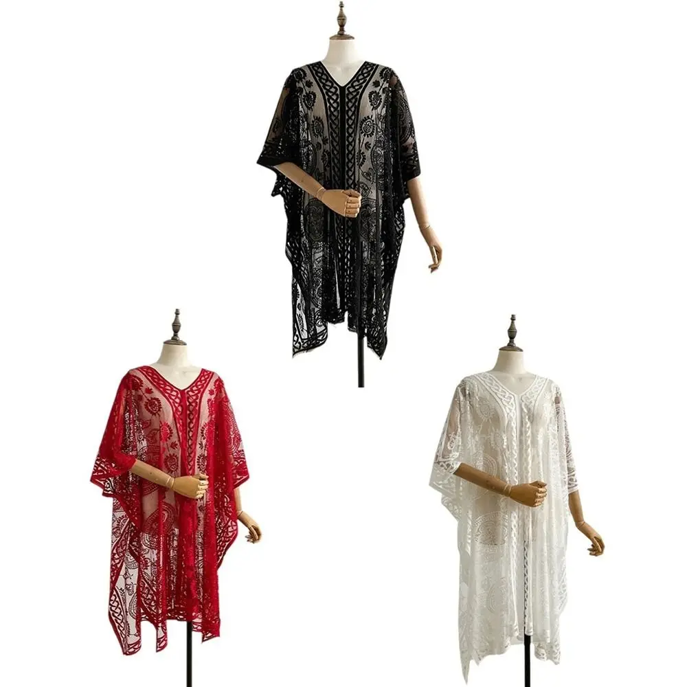 Bequemer Spitzen-Mesh-Sonnenschutz-Strandüberzug, florales, lässiges, böhmisches Tuch, transparent, Übergröße, Sonnenschutz-Oberteil für Damen – Detail 2