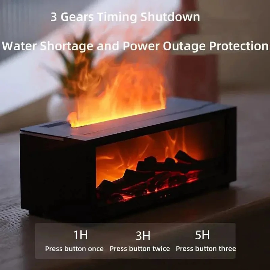 USB-powered fireplace humidifier, aromatherapy diffuser, with remote timer, and automatic shut-off when water runs low