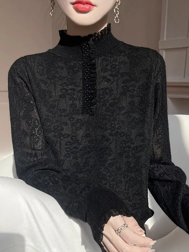 

Chic Lace Base Shirt Women's Inner Sweetened Floral Knit Sweater Thin Style Commute Soft Loose Fit Long Sleeve High Collar Top