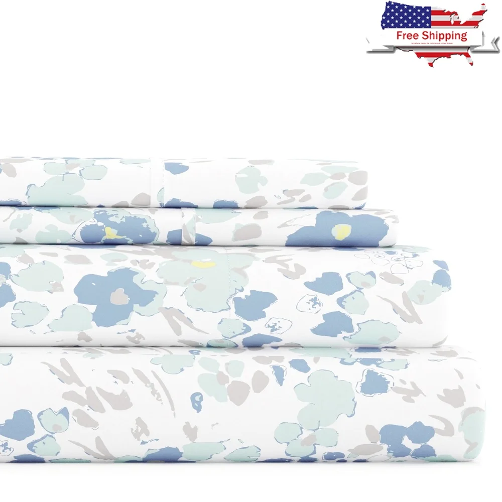 

Комплект простыней из микрофибры из трех предметов, мягкий гипоаллергенный цветочный узор, двойной размер, глубокий карман, устойчивый к морщинам, легкий уход