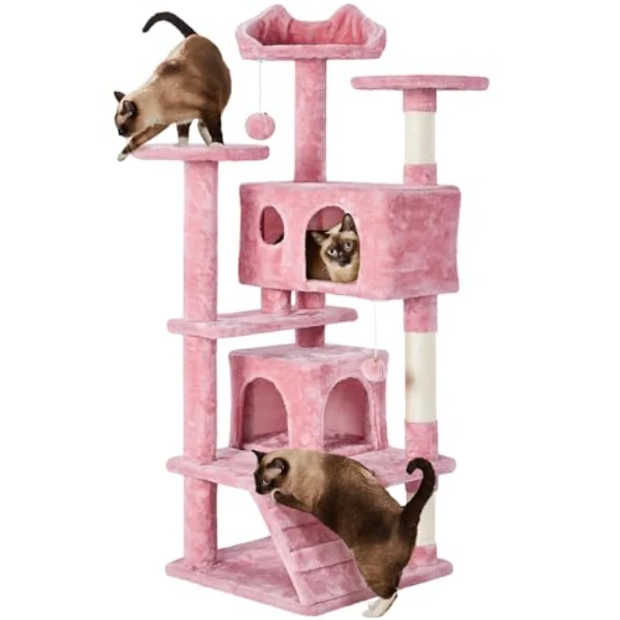 Cat Tree Tower, 2 Caves, Kitten-Ear Perch and Scratching Posts Multi-level layout, climbing ladder, 2 plush balls, high pet app