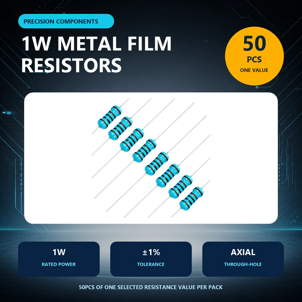 50PCS 1W 1% Metal Film Resistor 0.1Ω-1MΩ 10R 100R 200R 500R 1K 1M Precision Fixed Ohm Resistors for DIY Electronic Circuit PCB