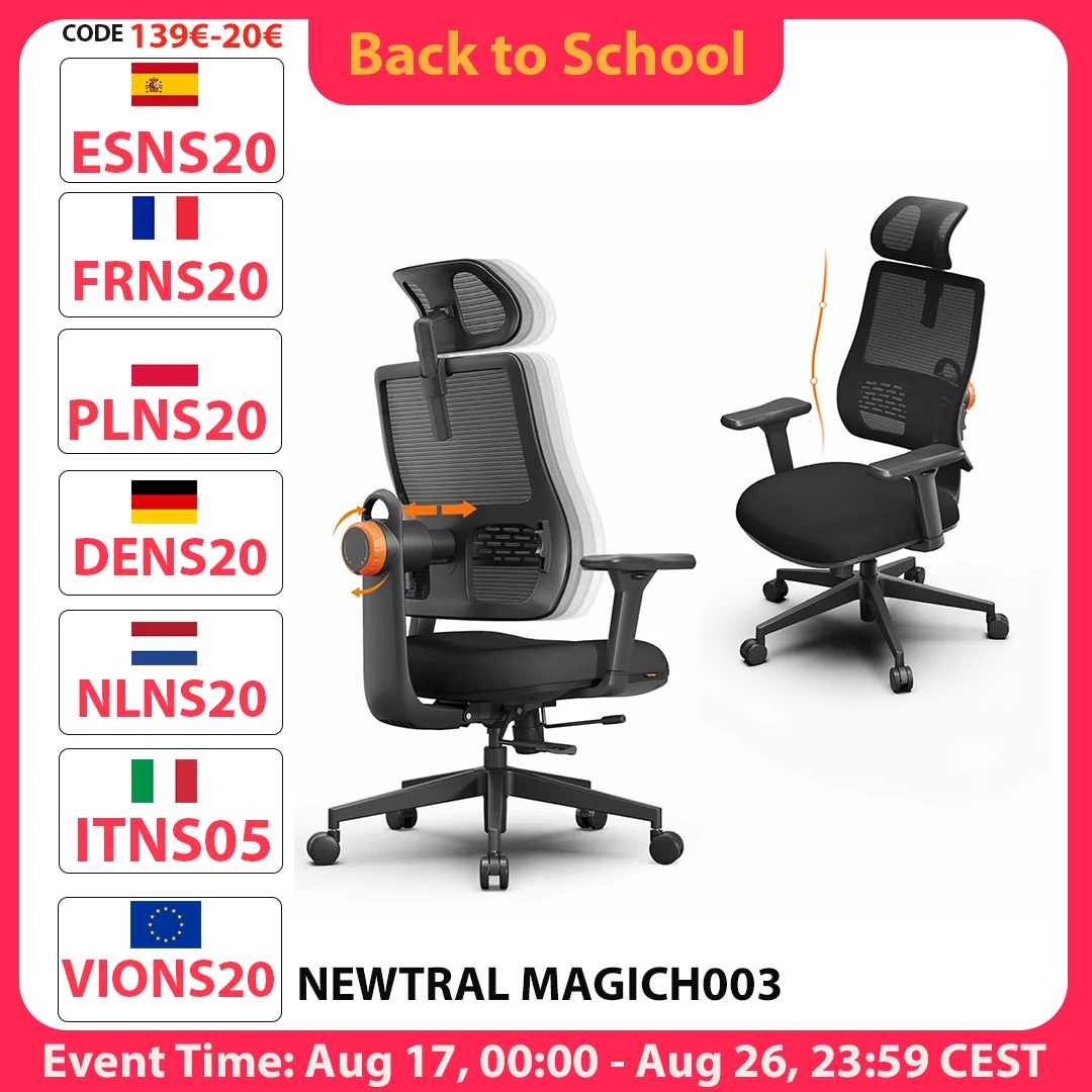 NEWTRAL MAGICH003 Ergonomischer Bürostuhl, automatisch ausgestellte Rückenlehne, adaptive Unterrückenstütze, Sitztiefe mit verstellbarer Kopfstütze