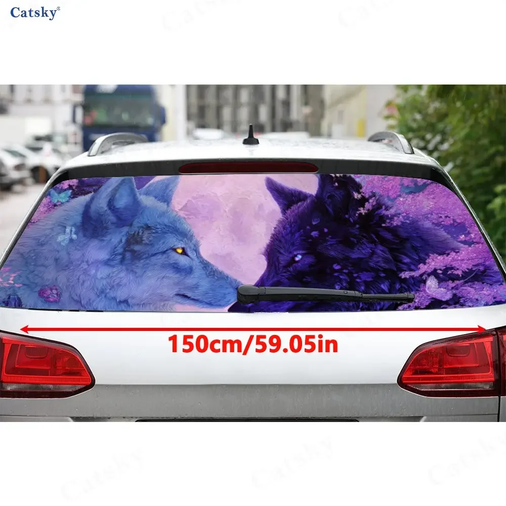 Dreamy Wolves in a Magical Purple Forest PVC Perforated Car Vinyl Wraps, Durable Car Rear Windshield Sticker, Waterproof Car Rea