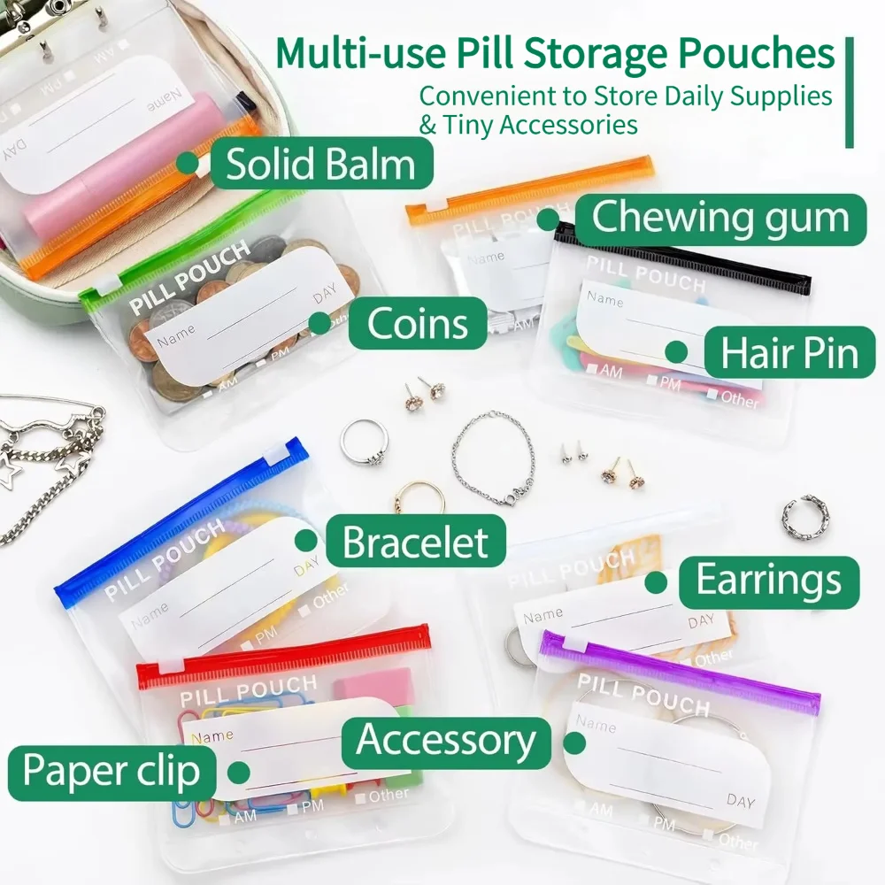 1PC Waterproof Pill Pouch Set – 14 Color-coded Pouches, Writable Labels – for Daily Medication, Vitamins & Supplements