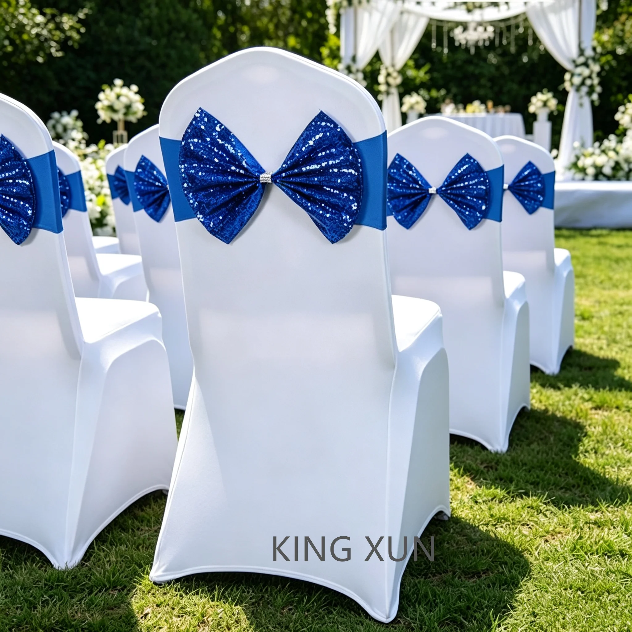 Sequin Spandex Chair Back Decorative Bow Sashes Lycra Band with Buckle for Wedding Event Banquet Party Decoration