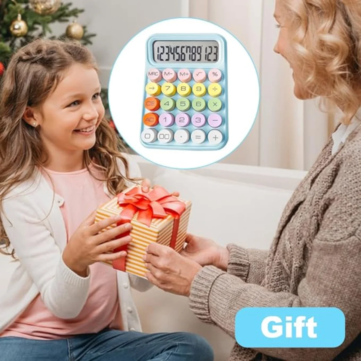 Cute 12 Digit Large LCD Display Big Round Button Mechanical Calculator Use as Office Calculators Desktop 15°Tilt Screen for Kids