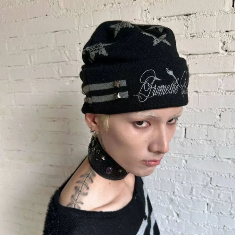 Royi Store Rivet Embroidery Visual Subculture Cold Cap Star Jacquard Striped Big Head Wool Cap