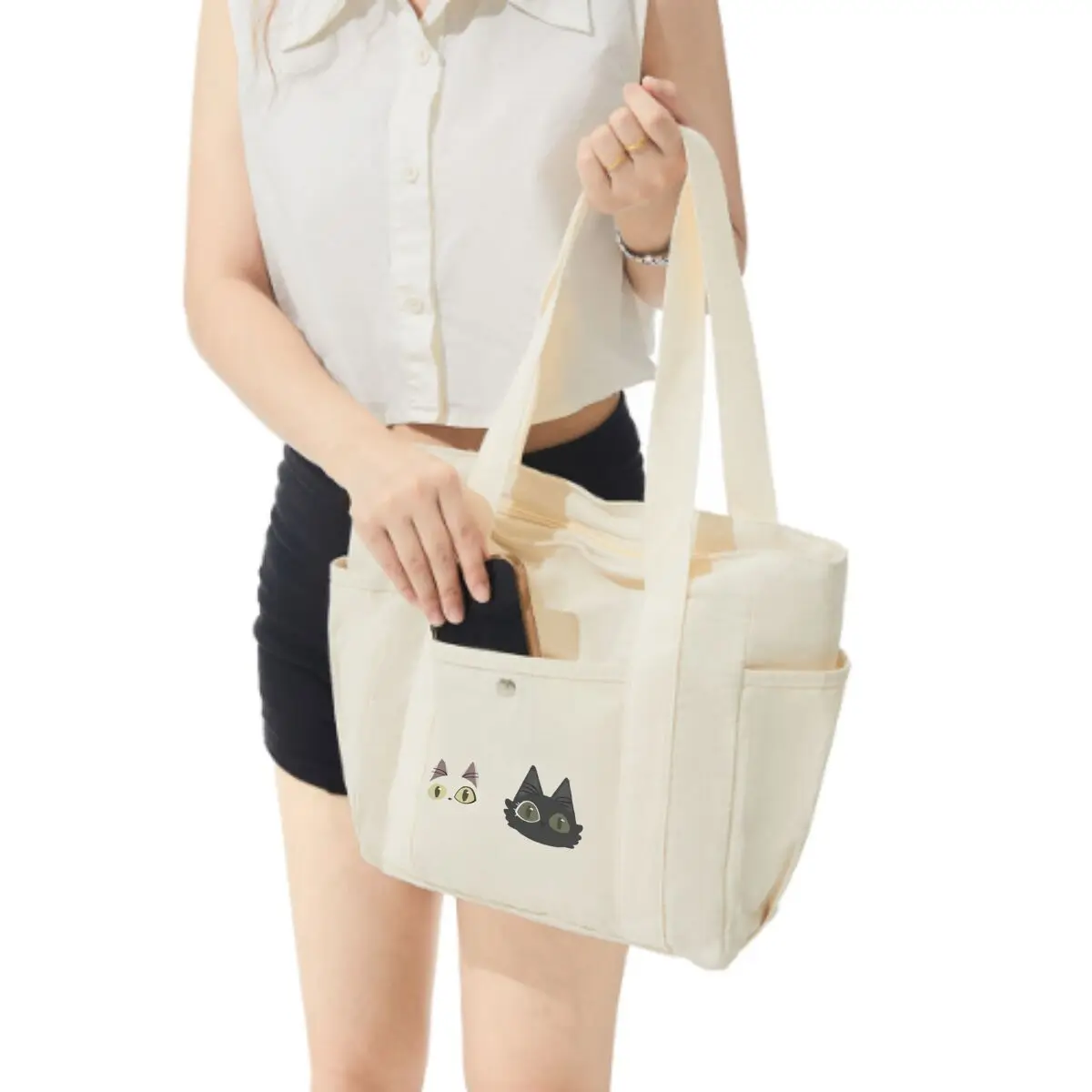 Cat Duo Charm Capacity Canvas Tote Bags Work Commuting Carrying Bag  Shoulder Shopping Bag